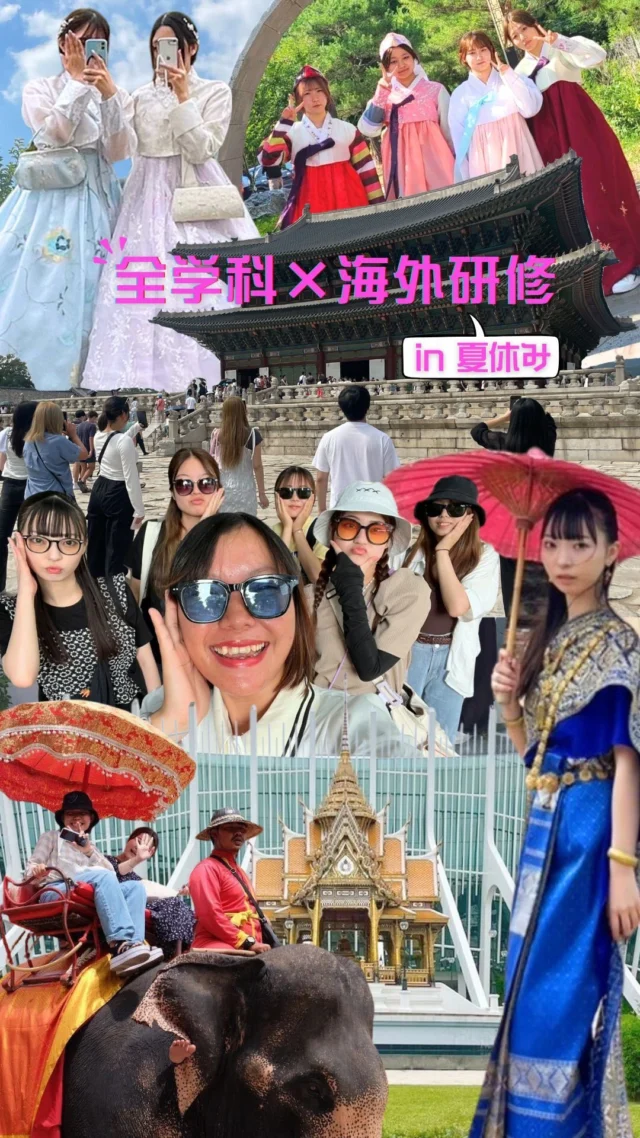 夏休みは海外研修✈️✨
　
／／
サジョタンは全学科の学生が
海外研修（韓国・タイ・台湾）に参加できます！
＼＼
　
夏休みは韓国、タイへ行けちゃいます🇰🇷🇹🇭
参加しやすく、とても人気のあるプログラムです💖
友達もたくさんできますよ☺️🤝☺️
※台湾研修は春休み(3月)
　
協定校の学生と交流したり、
その国ならではの文化体験もできますよ✨📣
　
皆さんも海外研修に参加してみませんか？
　
#韓国研修 #韓国 #タイ研修 #タイ #海外研修 #海外研修プログラム #留学のサジョタン #サジョタン #夏休み